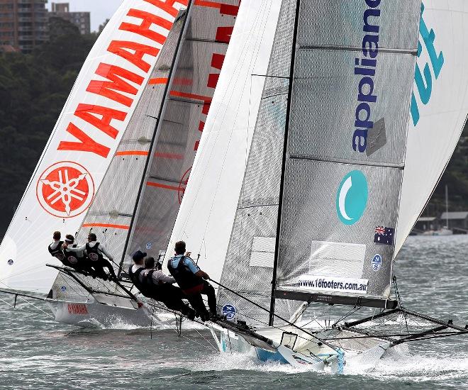 Yamaha and appliancesonline in a tight spinnaker battle as they head for the bottom mark - JJ Giltinan 18ft Skiff Championship © Frank Quealey /Australian 18 Footers League http://www.18footers.com.au